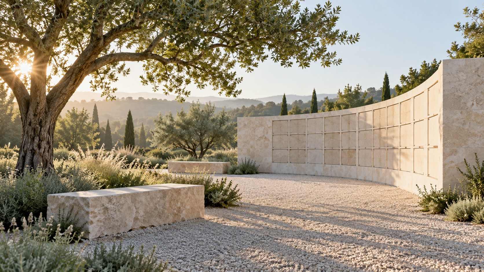 AI-generated conceptual memorial garden with a limestone columbarium